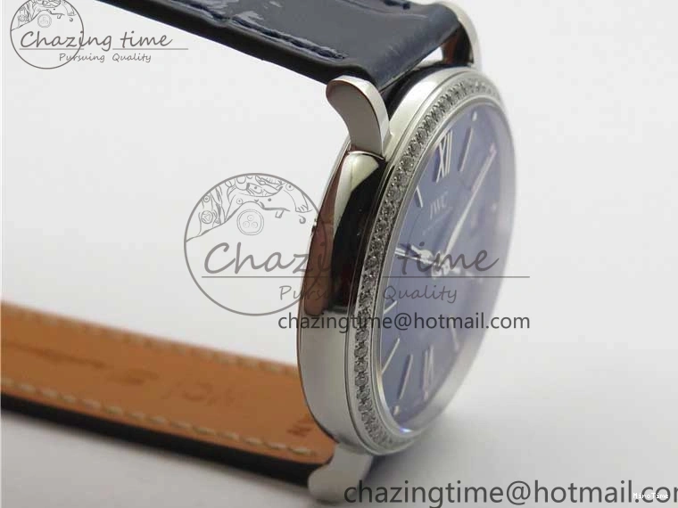 MIROTIME 0429 Portofino 37mm SS V7F 1:1 Best Edition Blue Dial Diamonds Bezel on Blue Leather Strap A Chic 7093